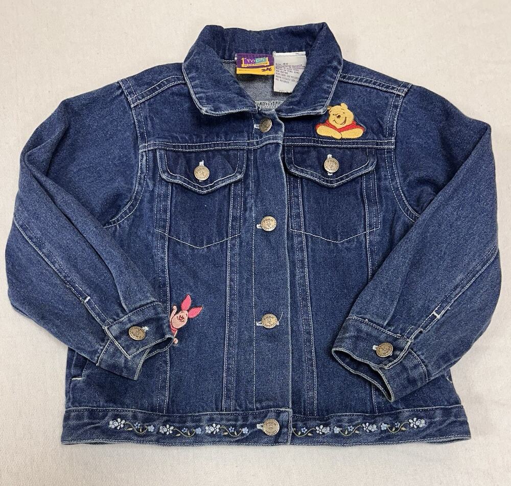 VTG Kids Disney Winnie the Pooh Denim Jacket Embroidered 2000 Piglet Y2K 4T